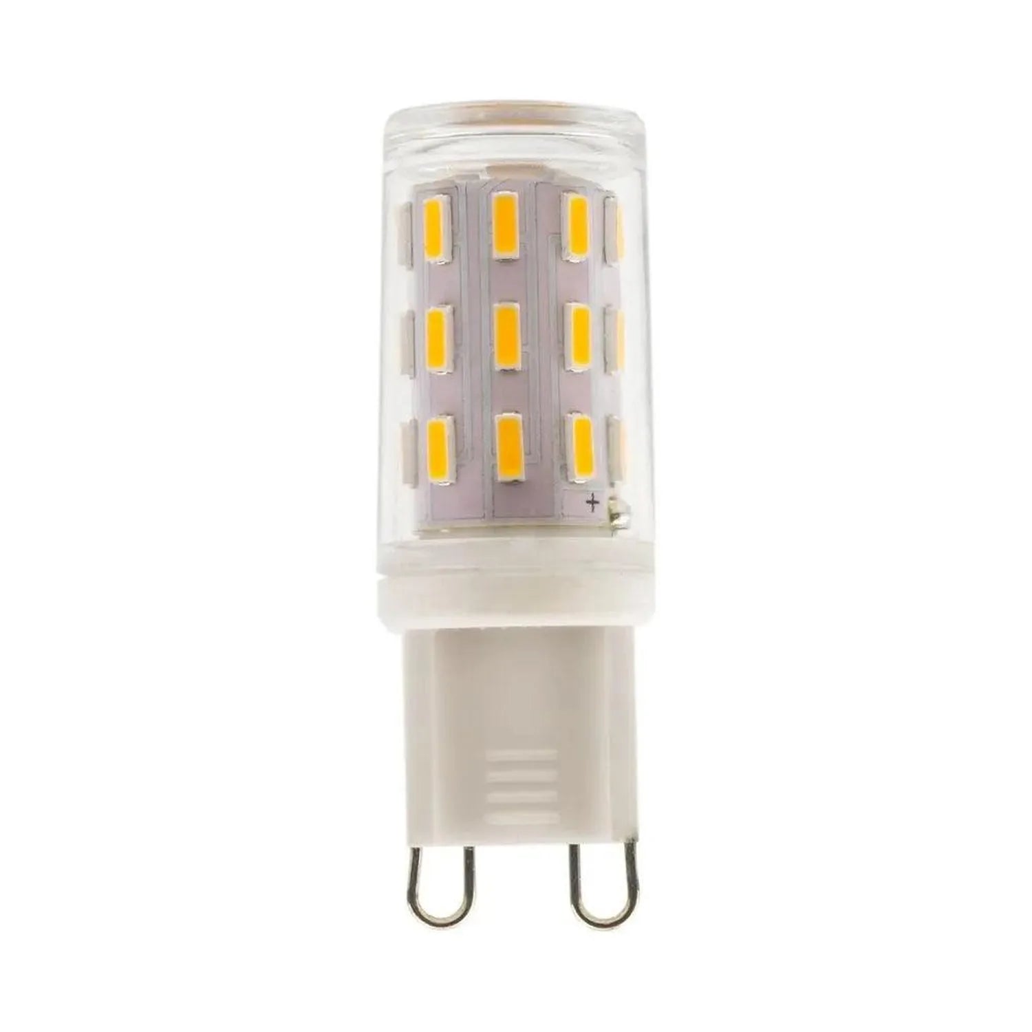 G9 LED bulb with frosted glass housing and warm white LED elements arranged in three vertical rows, shown against white backg