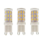 Three G9 LED bulbs with frosted glass bodies and yellow LED chips arranged in a row against white background.