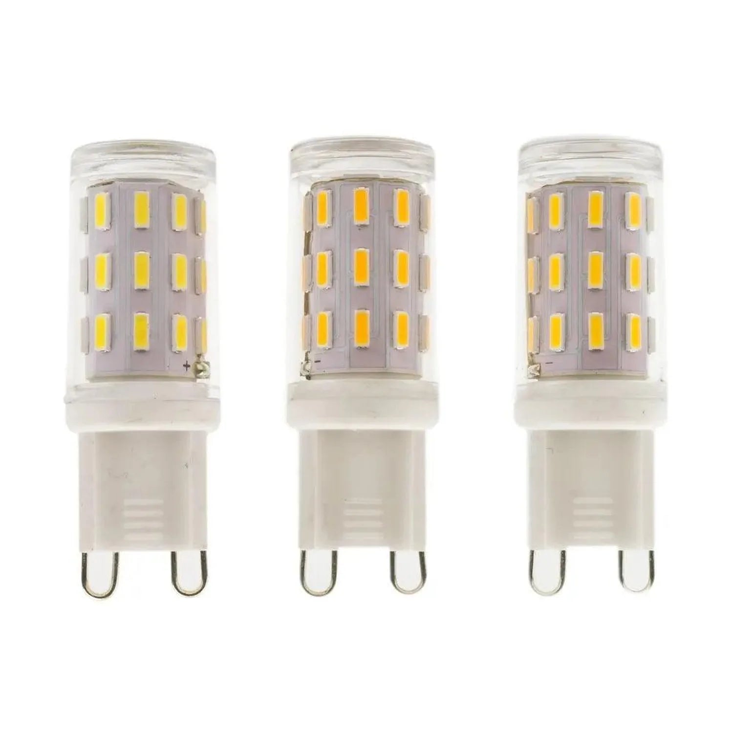 Three G9 LED bulbs with frosted glass bodies and yellow LED chips arranged in a row against white background.