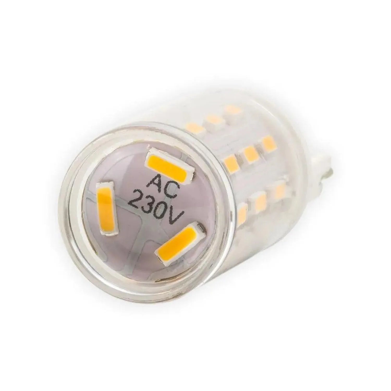 Close-up of G9 LED bulb showing frosted glass housing, yellow COB chips, and AC 230V marking on base.