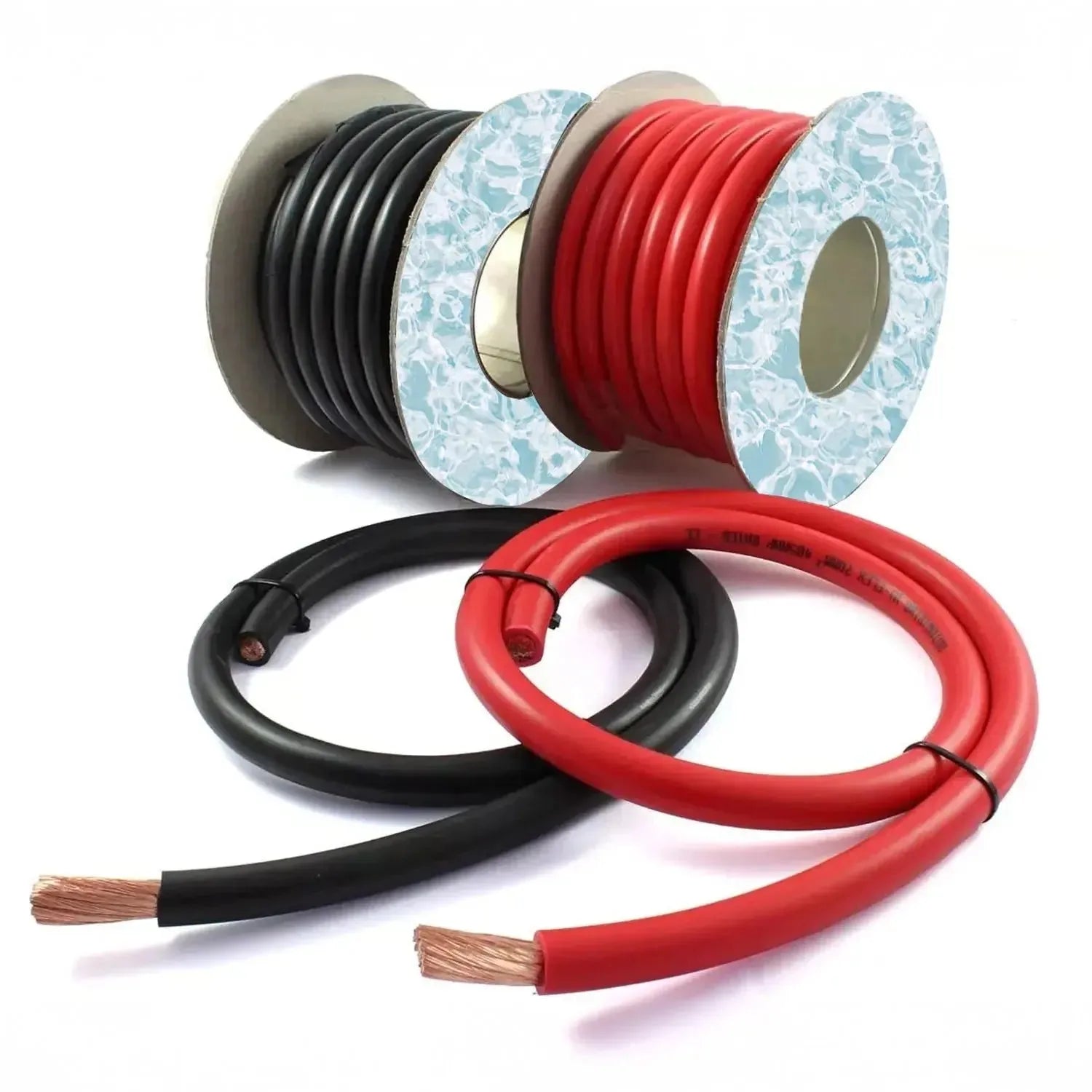 Two spools of red and black PVC-insulated battery cables with copper conductors, displayed with unspooled cable samples showi