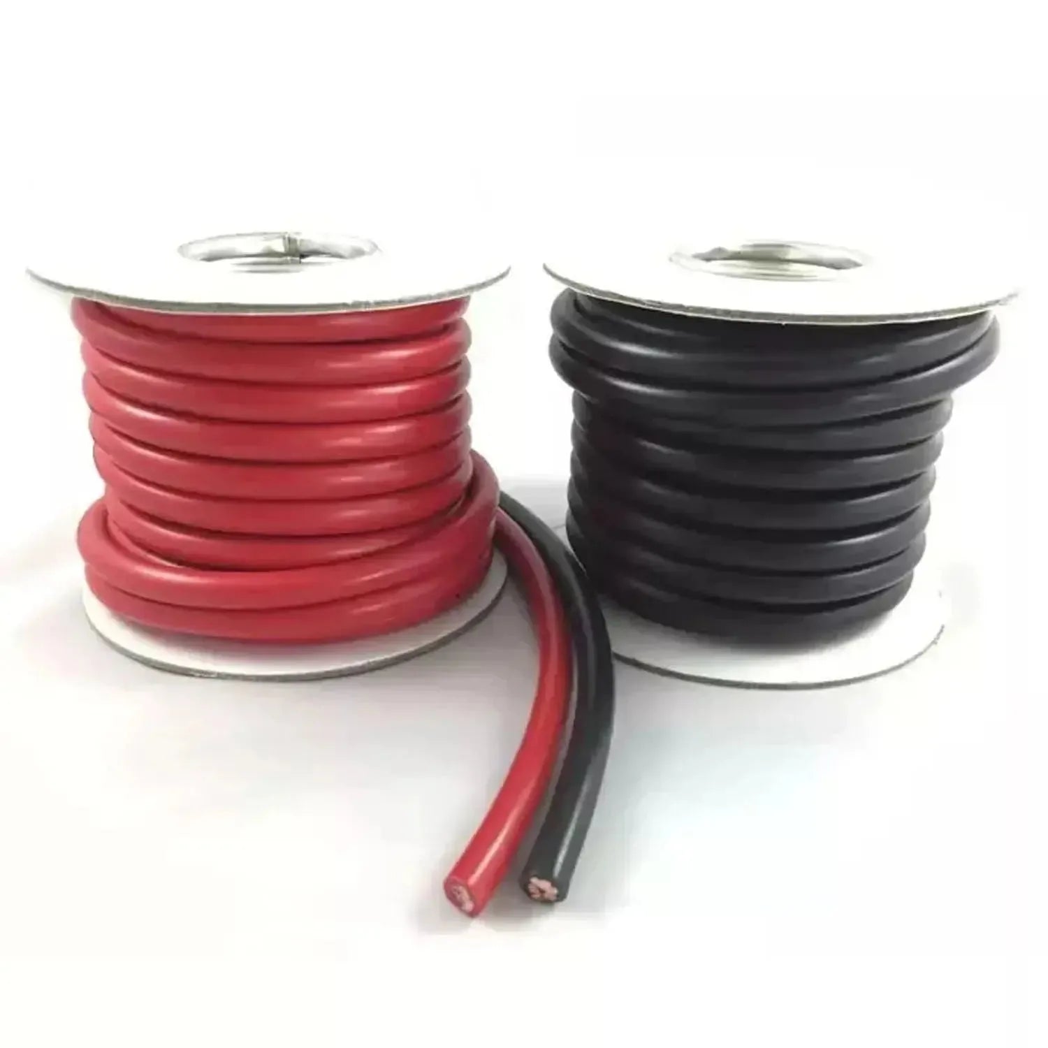 Two spools of Hi-Flex PVC battery cable, red and black, with sample lengths connected between them.