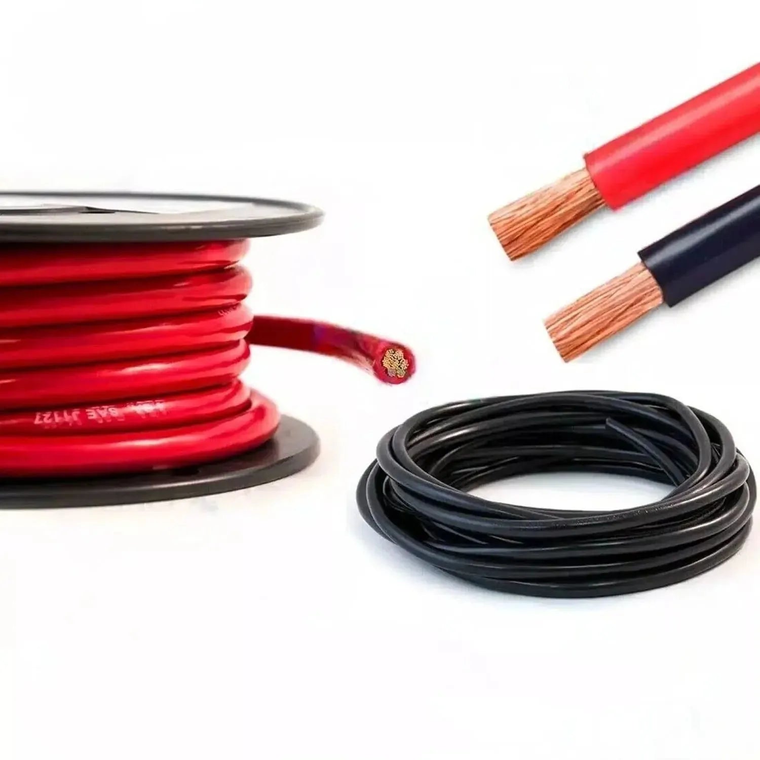 Red and black PVC battery cables coiled and displayed with exposed copper wire ends and a spool showing cable construction de