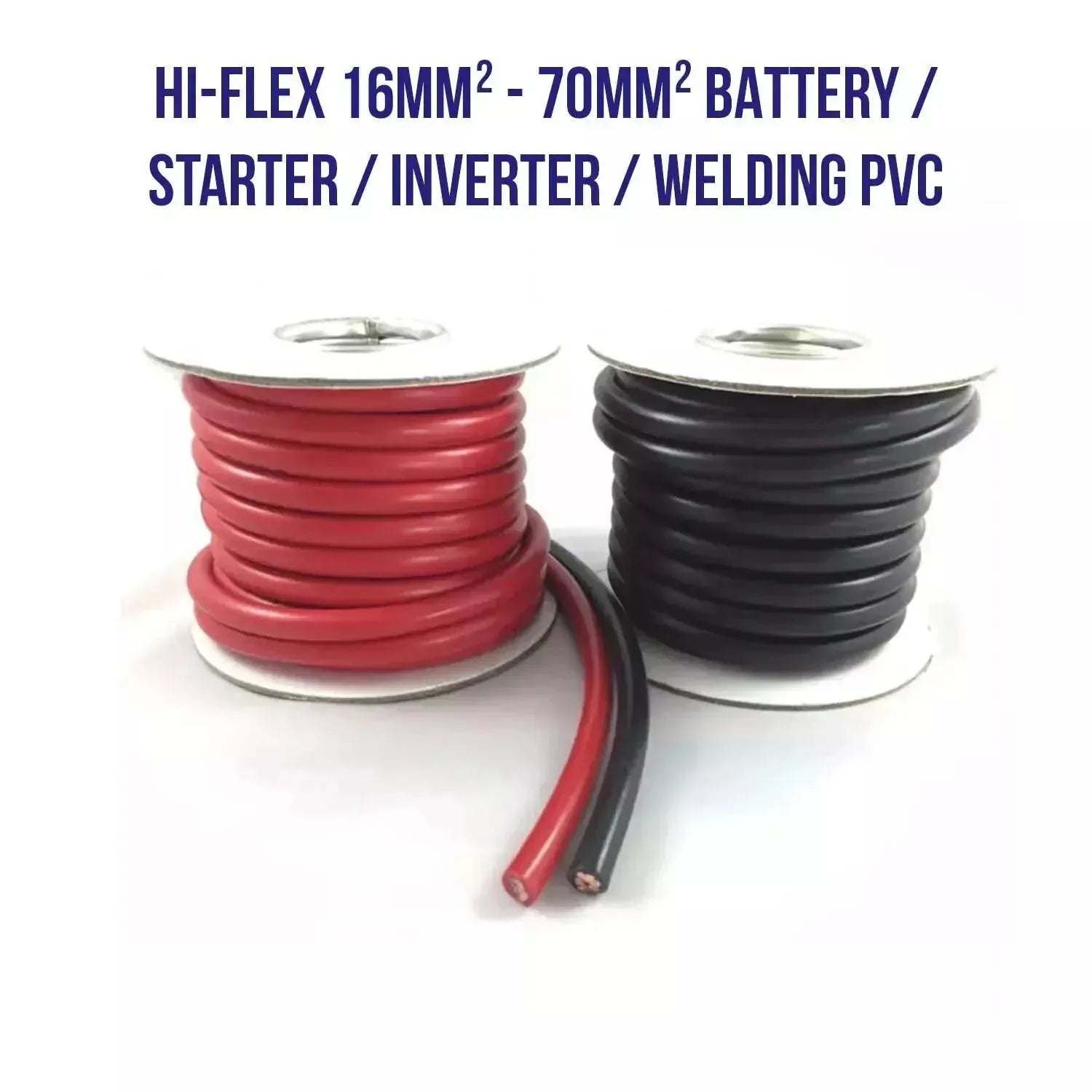 Two spools of Hi-Flex PVC battery cable, red and black, with connected strands displayed in front.