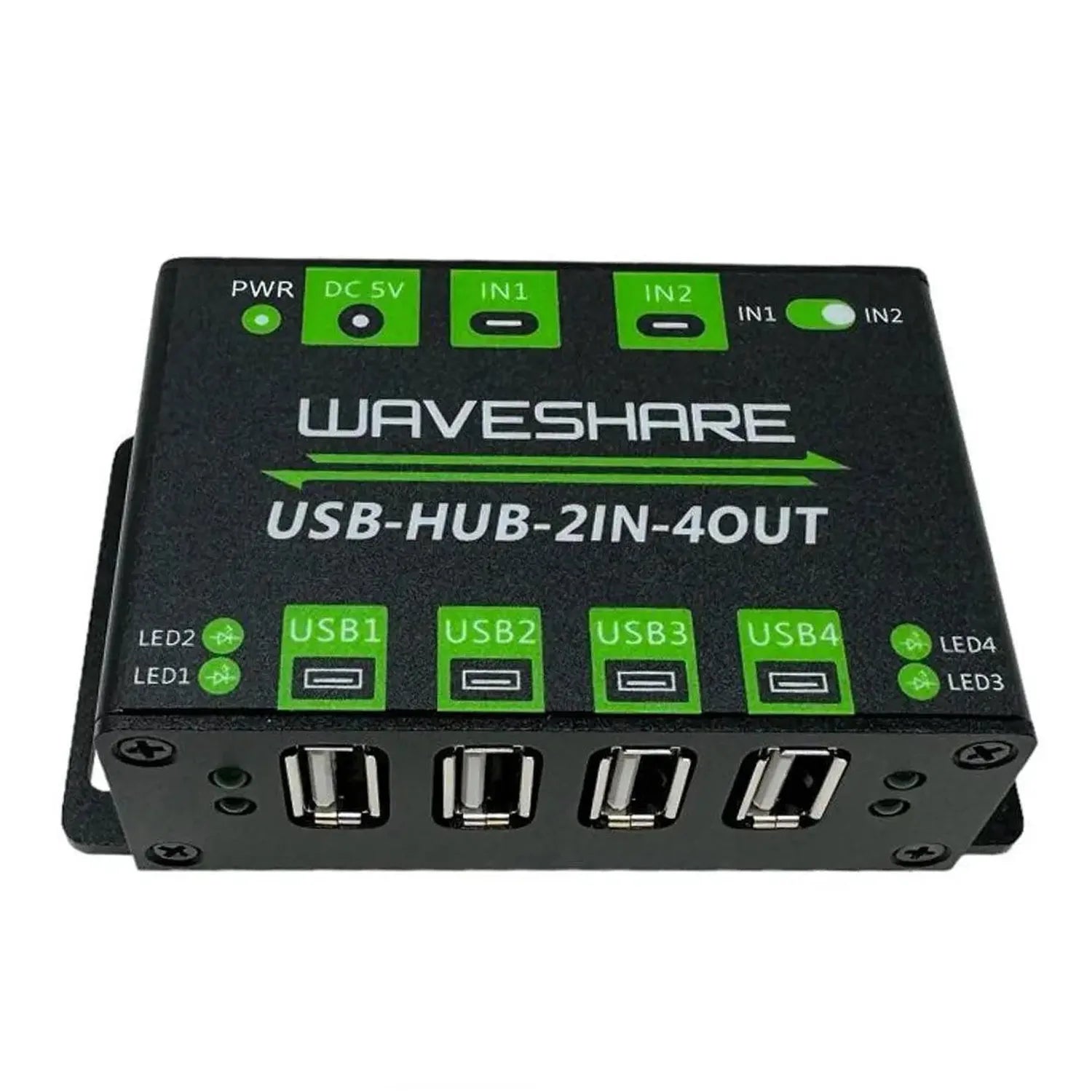 Waveshare USB-HUB-2IN-4OUT hub showing top view with four USB ports, power indicator, and green control switches for dual inp