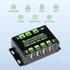 Waveshare USB-HUB-2IN-4OUT industrial hub with 4 USB ports, control panel, and LED indicators displayed against feature icons