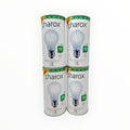 Four Pharox LED bulb packages stacked vertically, each showing a frosted globe bulb with E27 base, rated 4W 360 lumen output 