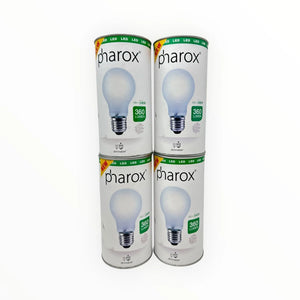 Four Pharox LED bulb packages stacked vertically, each showing a frosted globe bulb with E27 base, rated 4W 360 lumen output 