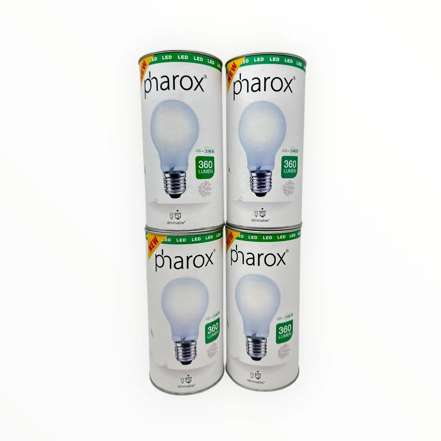 Four Pharox LED bulb packages stacked vertically, each showing a frosted globe bulb with E27 base, rated 4W 360 lumen output 