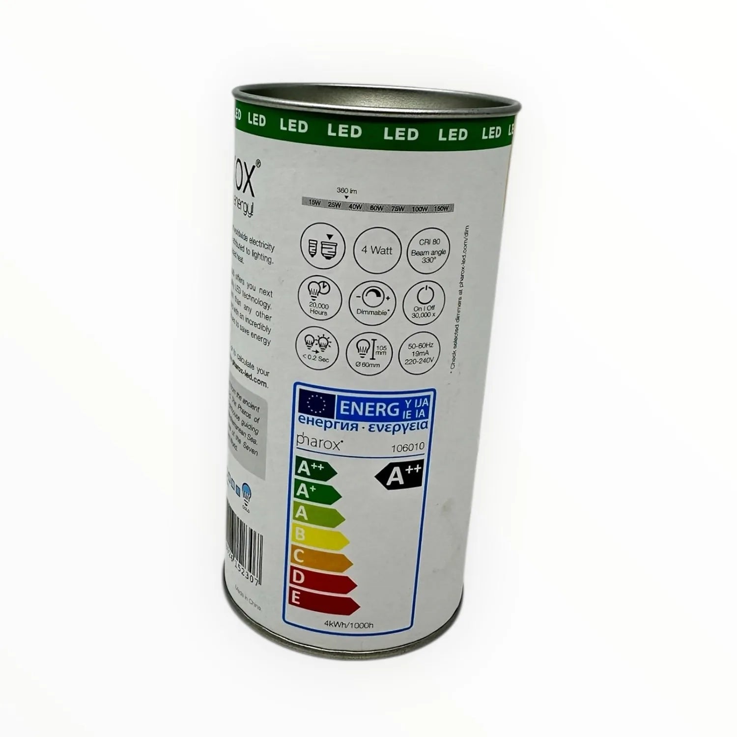 Cylindrical LED bulb packaging with green band, showing 4 Watt specifications, energy rating A++, and product details.