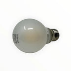 Frosted white globe LED bulb with E27 screw base and visible specifications printed on the surface, shown against white backg