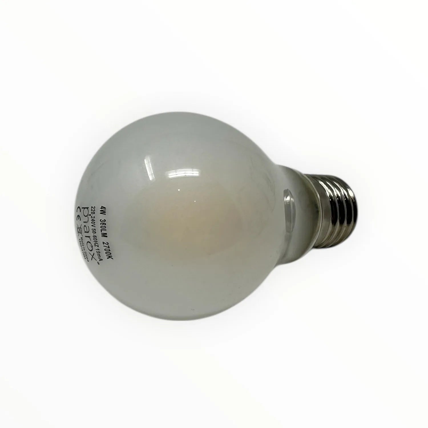 Frosted white globe LED bulb with E27 screw base and visible specifications printed on the surface, shown against white backg