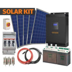 Complete off-grid solar power kit including blue solar panels, Voltacon inverter, disconnect switch, charge controller, batte