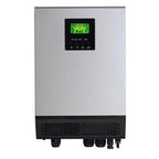 Off-grid solar inverter with digital display screen, gray metal housing, black base with cooling vents and terminal connectio