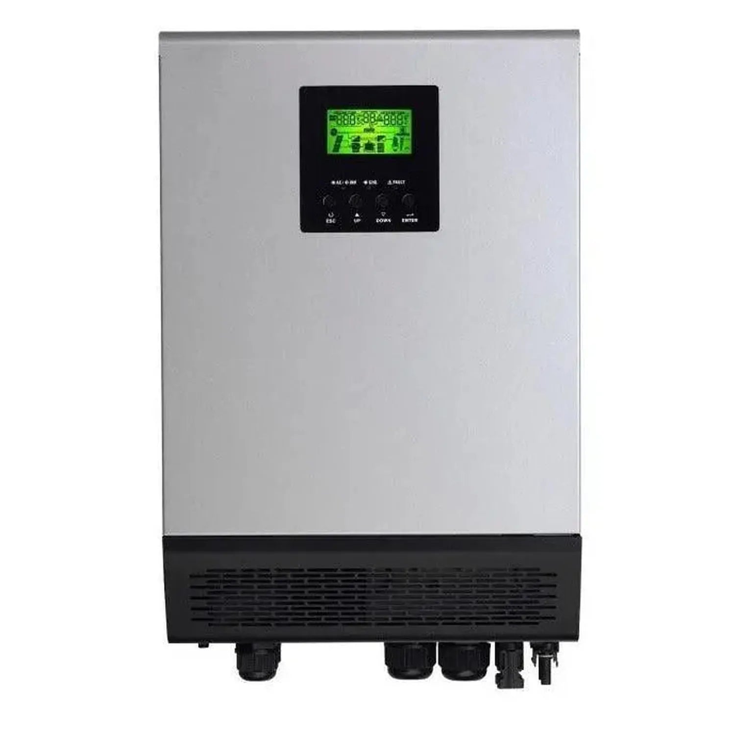 Off-grid solar inverter with digital display screen, gray metal housing, black base with cooling vents and terminal connectio
