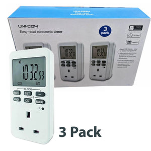 Uni-Com easy read electronic timer 3-pack showing product box, one white plug timer with LCD display, and two grey plug timer