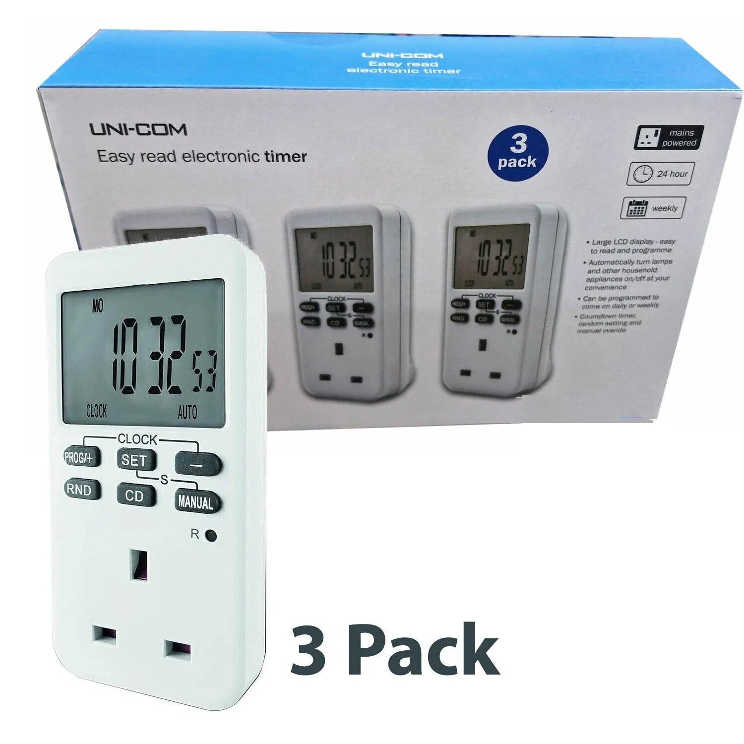 Uni-Com easy read electronic timer 3-pack showing product box, one white plug timer with LCD display, and two grey plug timer