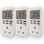 Three white digital timer plugs displaying 00:27:53, with control buttons and power outlets visible.