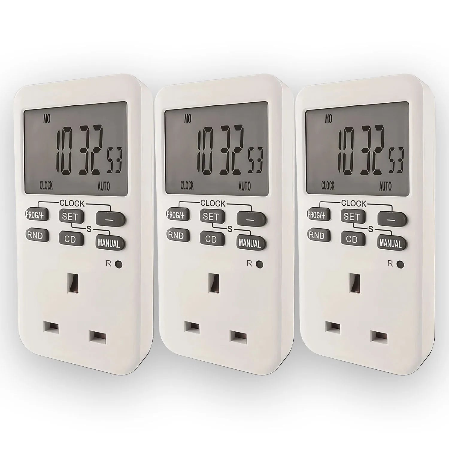 Three white digital timer plugs displaying 00:27:53, with control buttons and power outlets visible.