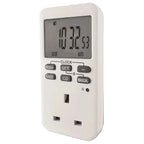 Digital timer plug with LCD display showing 01:17:43, control buttons, and three-pronged outlet socket on white background.