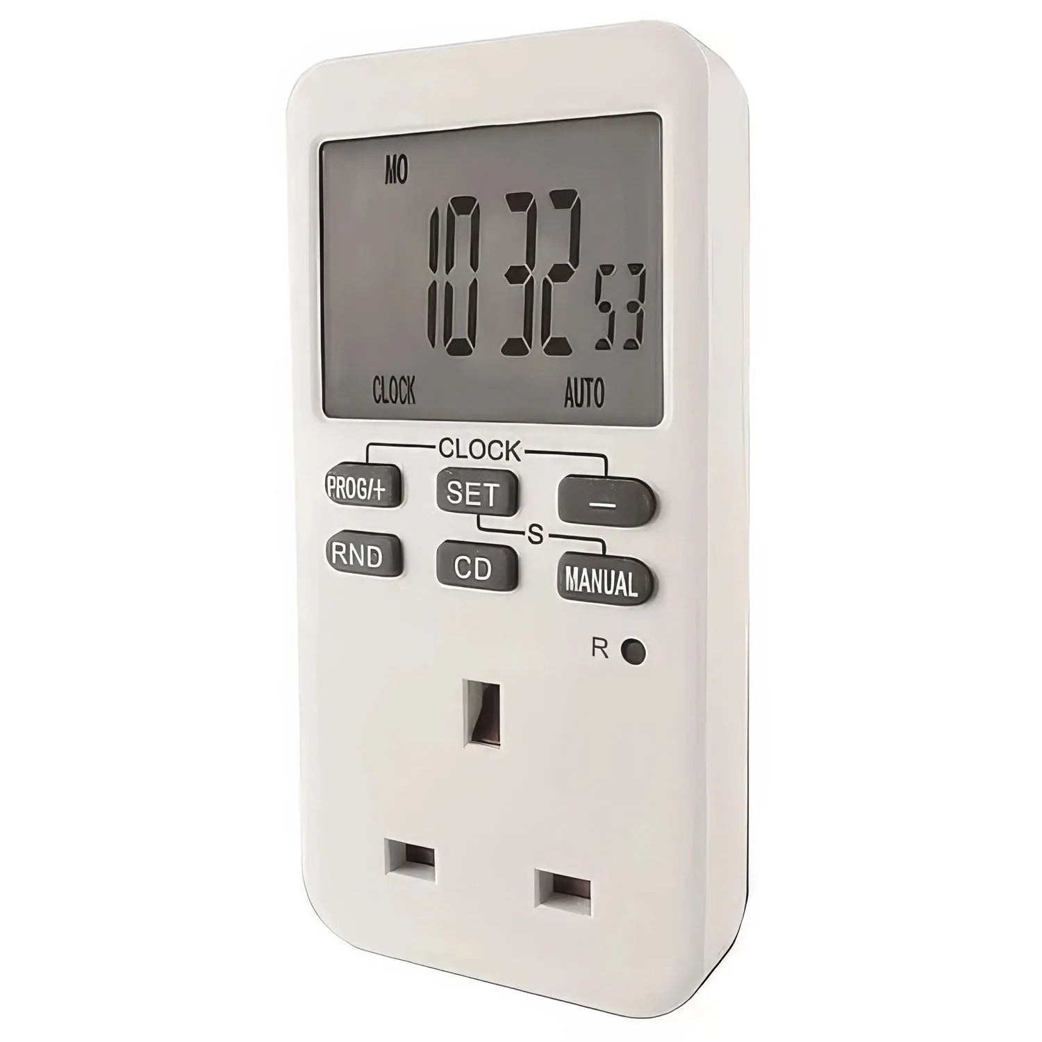 Digital timer plug with LCD display showing 01:17:43, control buttons, and three-pronged outlet socket on white background.