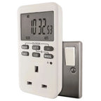 Digital timer plug displaying 00:37:53 on LCD screen, plugged into wall outlet with remote control beside it.