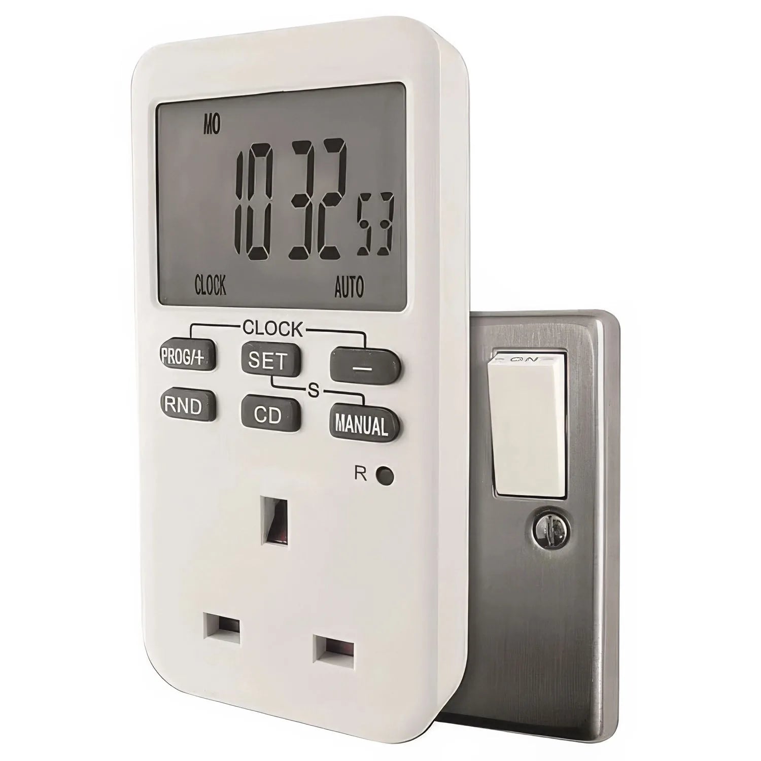 Digital timer plug displaying 00:37:53 on LCD screen, plugged into wall outlet with remote control beside it.
