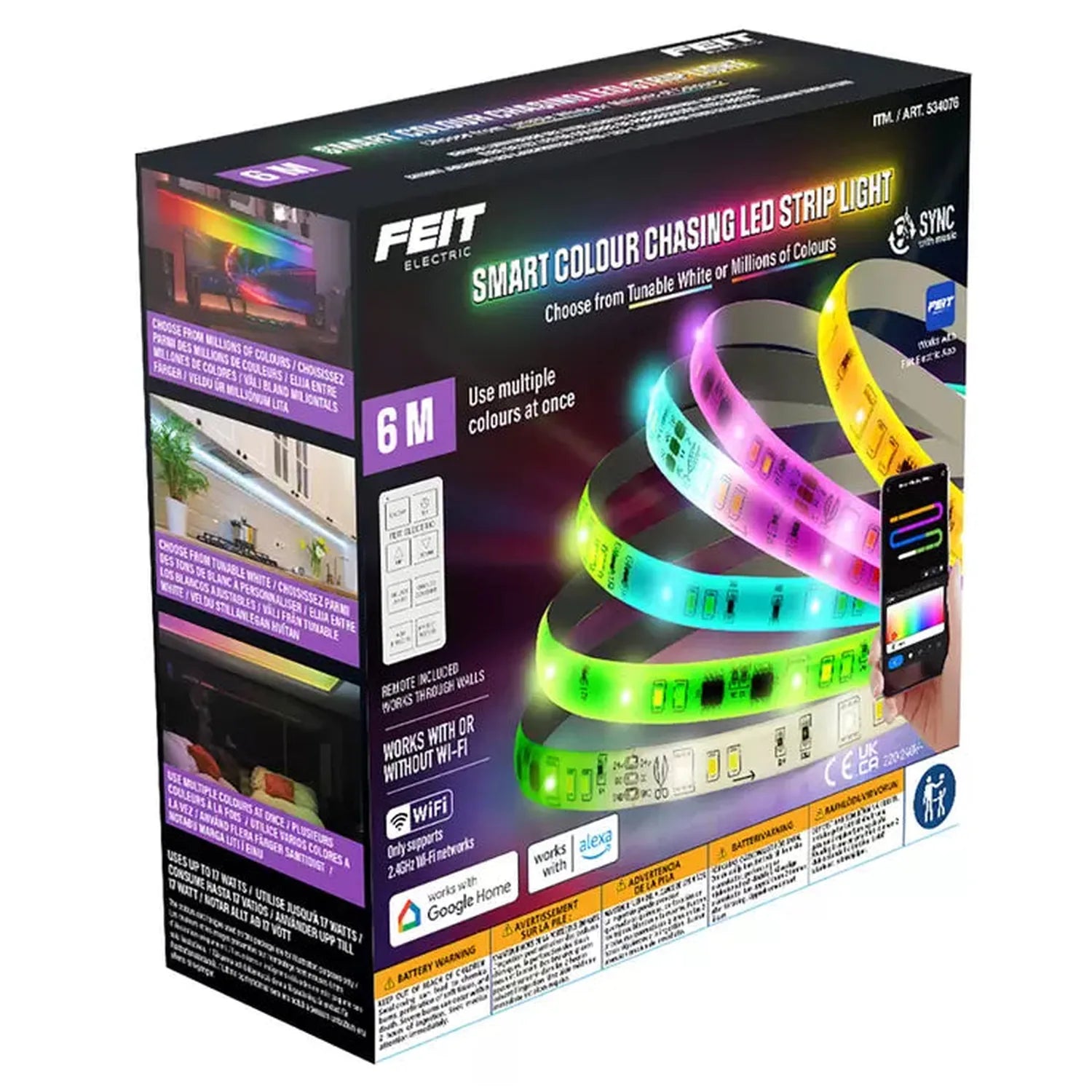 Feit Electric 6M Smart Colour Chasing LED Strip Light packaging showing product box front with colorful LED strip examples an