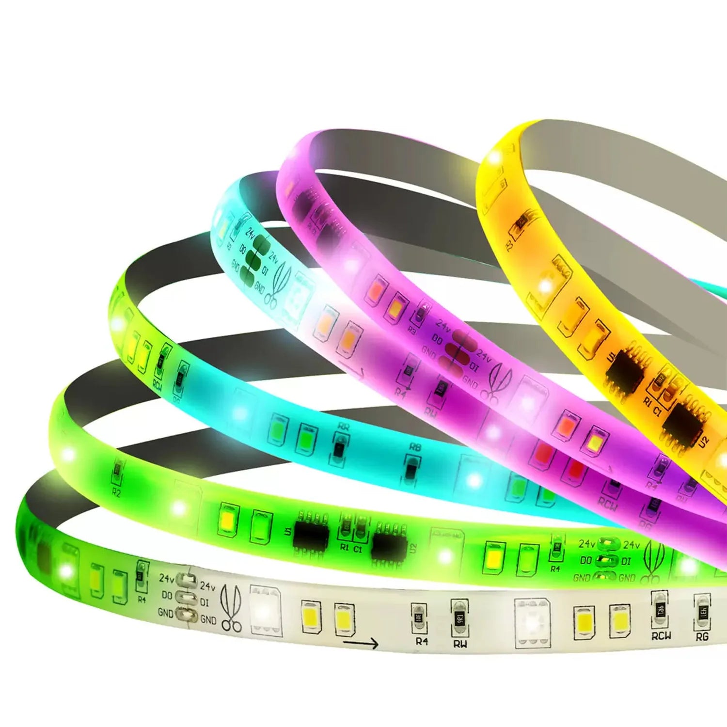 Coiled flexible LED strip lights in green, cyan, magenta, yellow, and white, displaying illuminated LEDs and circuit componen
