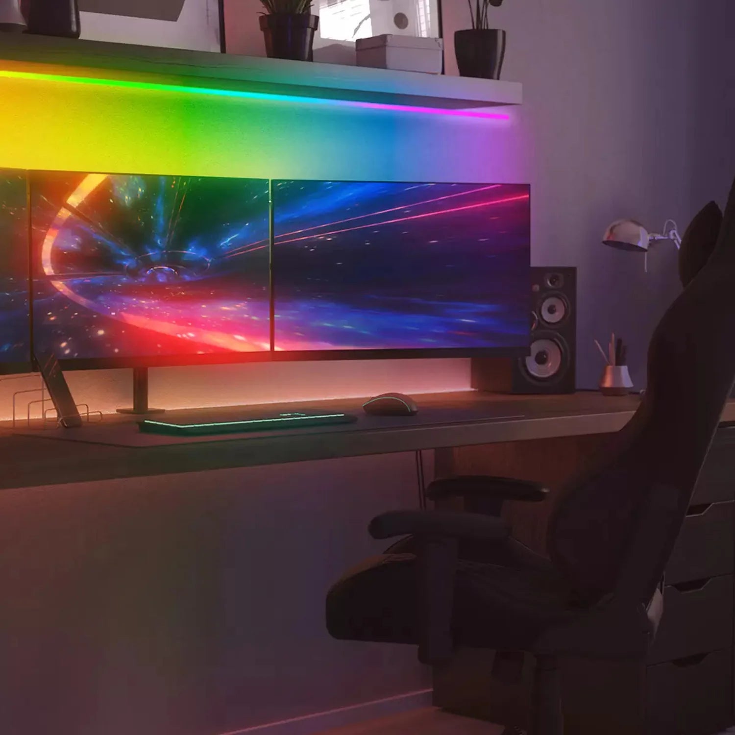 Installation shot of RGB LED strip lights mounted above dual monitors on gaming desk with rainbow color display active
