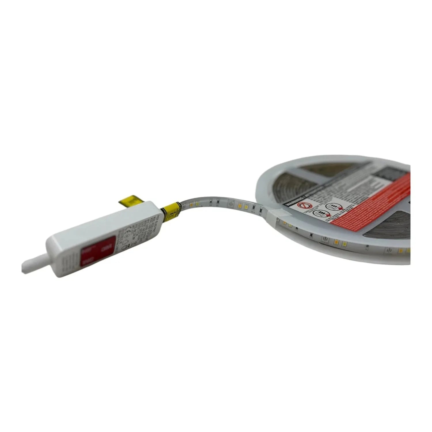 Smart RGB LED strip light with white power adapter and remote control, coiled product display.