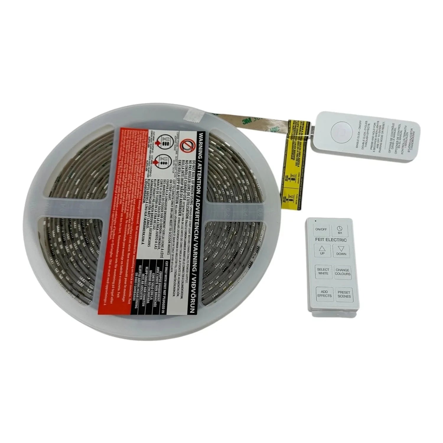 LED strip light reel with instruction labels, remote control, and wireless receiver module displayed on white background.