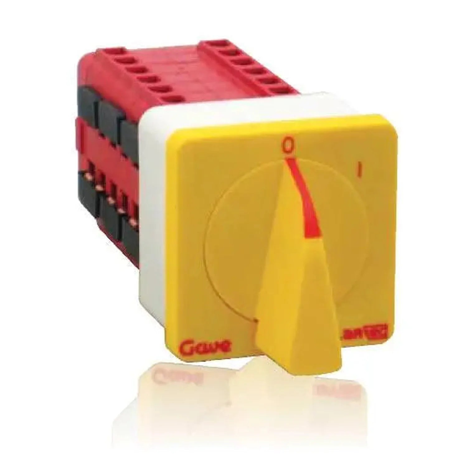 Yellow and red DC switch isolator with red handle on DIN rail mounting block, front view of product.