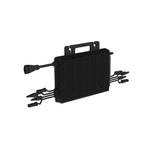Hoymiles micro inverter with ribbed black aluminum housing, carrying handle, and multiple connector cables extending from rig
