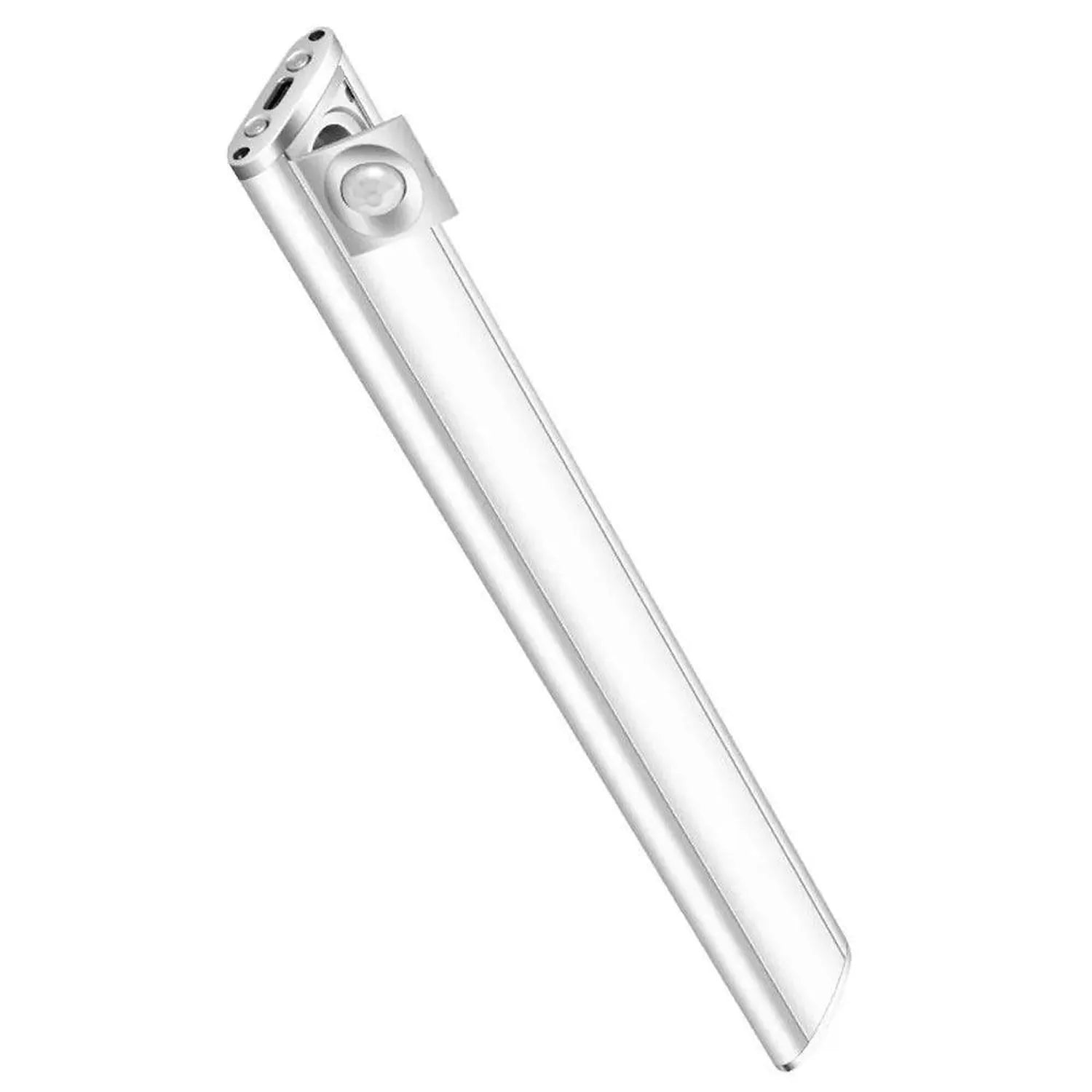 Silver cylindrical LED under cabinet light with articulated head, shown against white background.