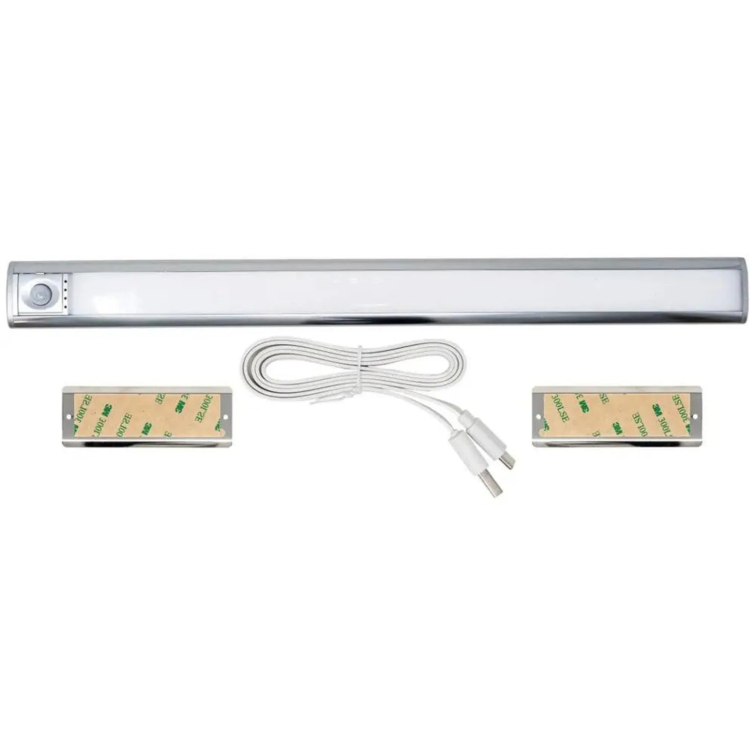 Battery-powered LED under cabinet light kit with motion sensor, white cord, and two adhesive mounting brackets.