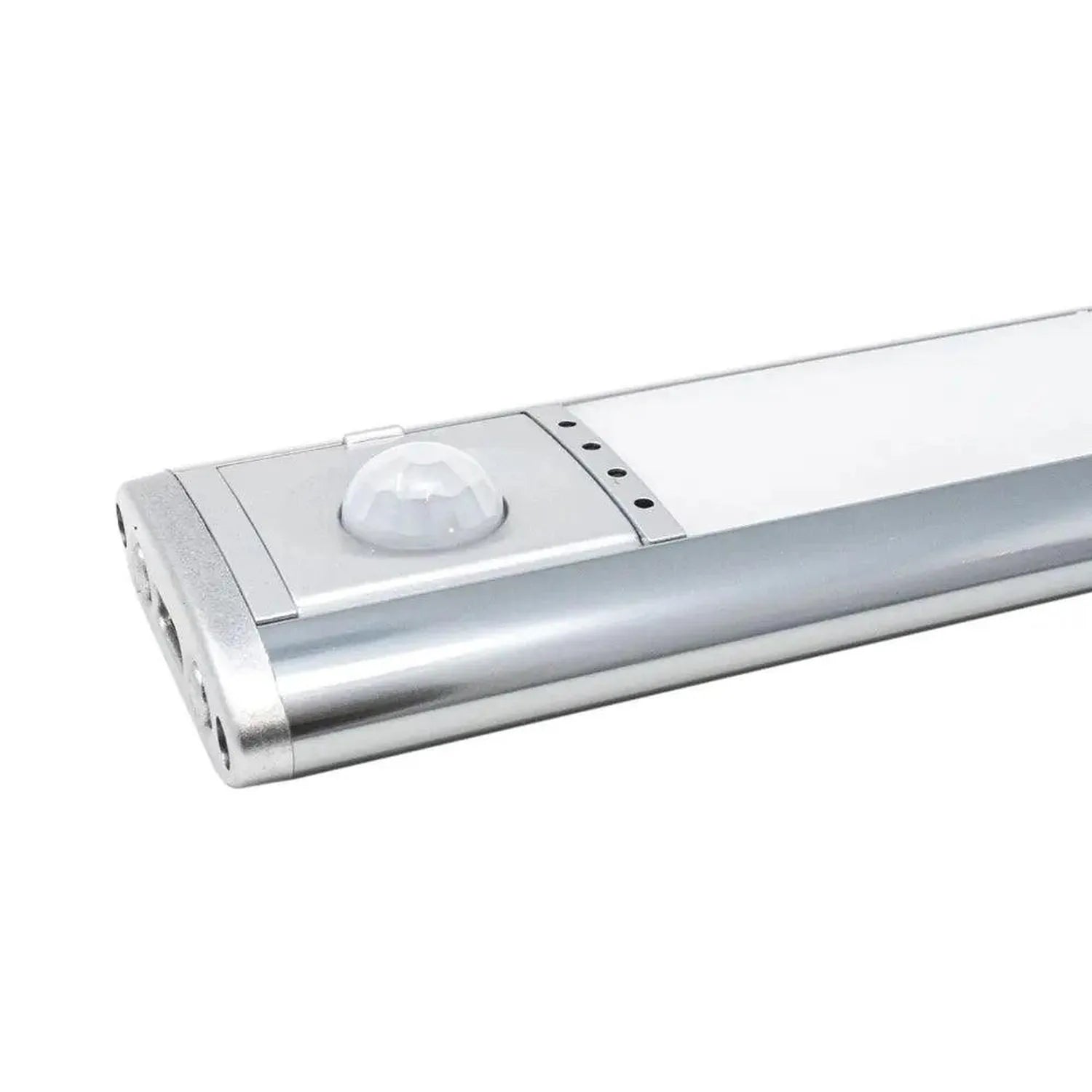 Silver LED under-cabinet light with white dome motion sensor, angled product shot on white background.