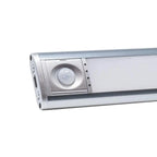 Silver LED under-cabinet light fixture with integrated motion sensor, product shot on white background.