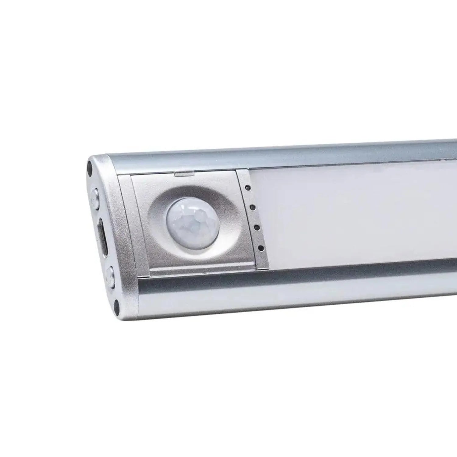 Silver LED under-cabinet light fixture with integrated motion sensor, product shot on white background.