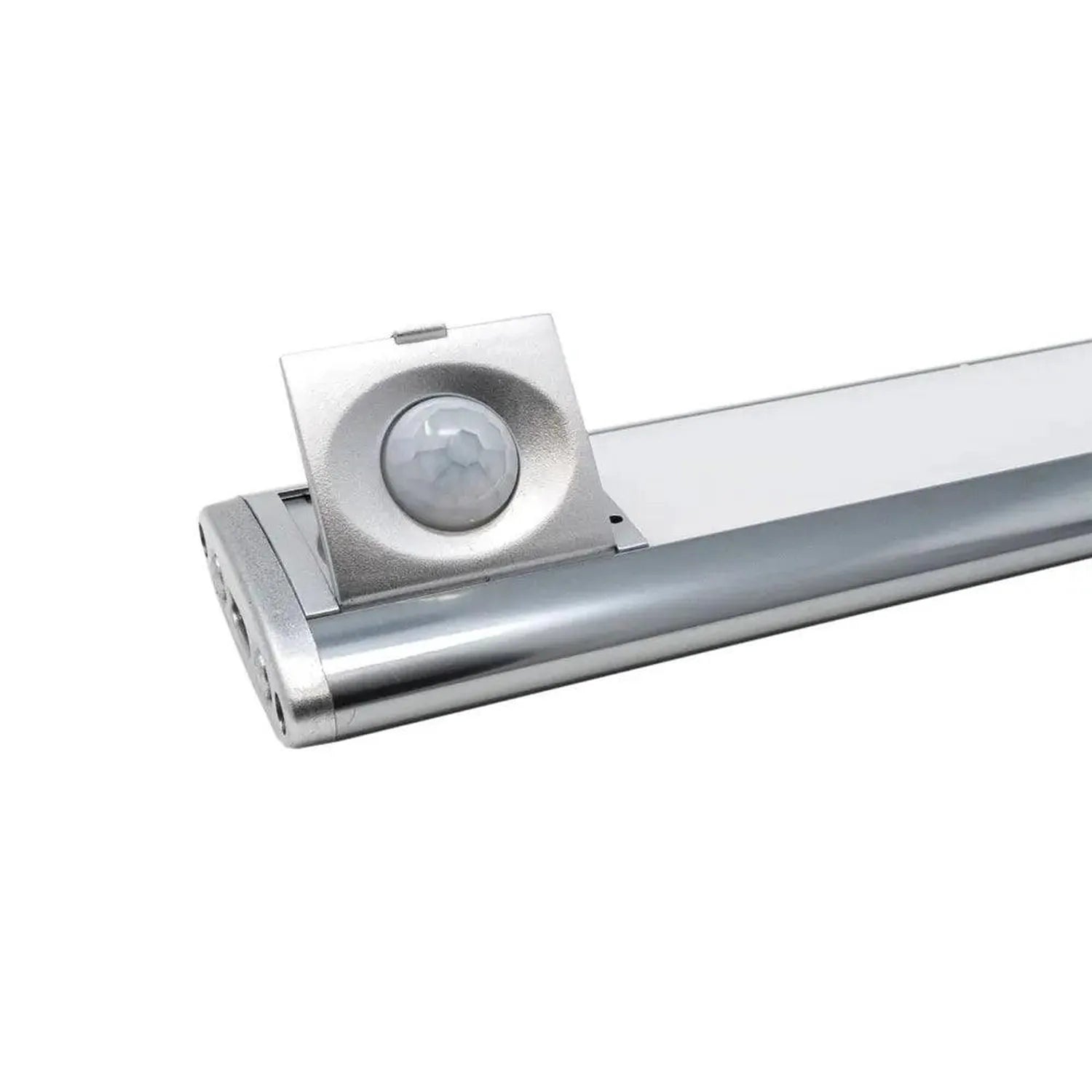 LED under cabinet light with motion sensor mounted on aluminum rail against white background.