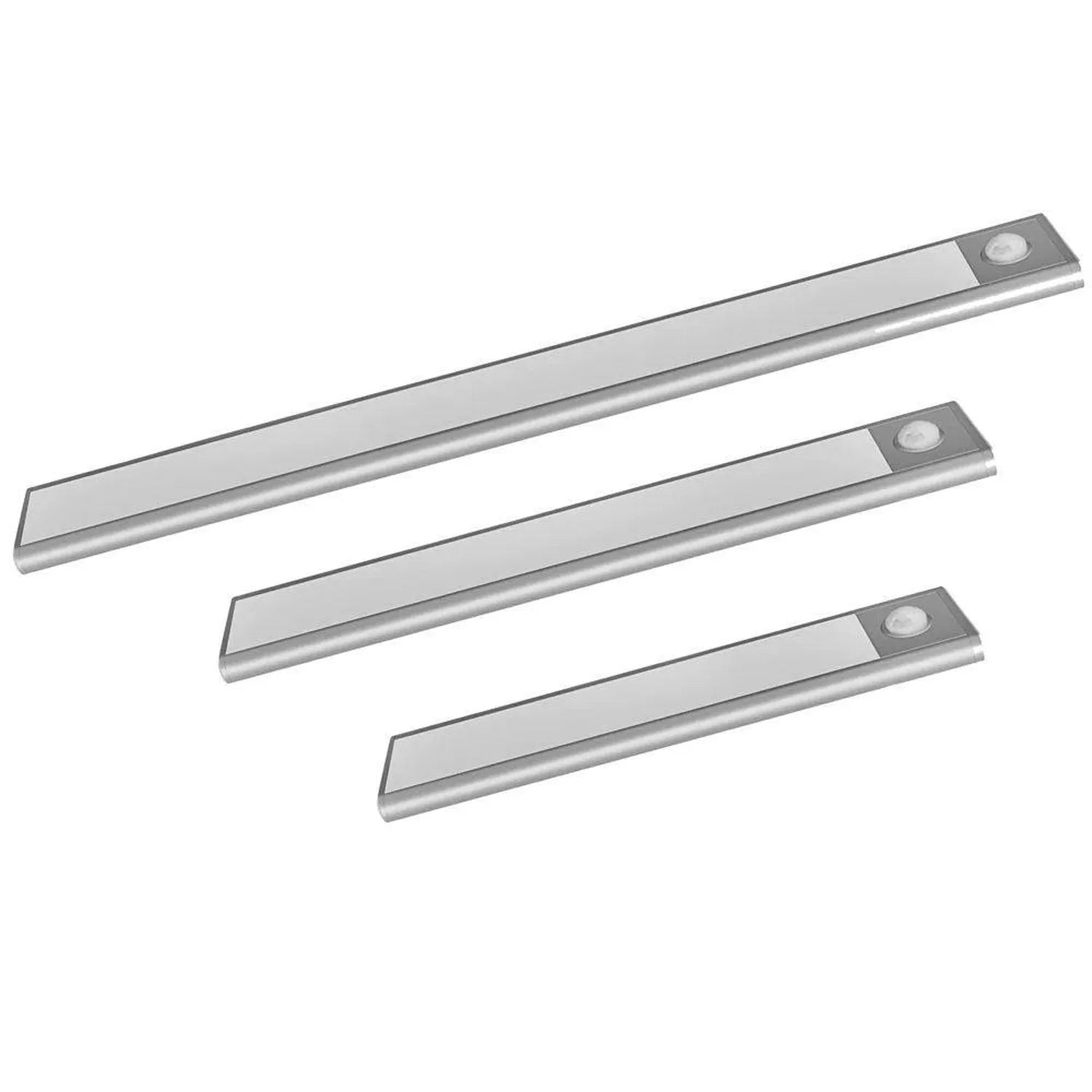 Three silver LED under cabinet lights with motion sensors, arranged in a staggered display pattern.