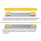 Diagram showing adhesive installation steps for under-cabinet LED light with magnetic ends and double-sided tape attachment.