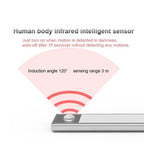 Battery-powered LED under cabinet light with motion sensor specifications: 120° detection angle, 3 meter range, auto-off afte