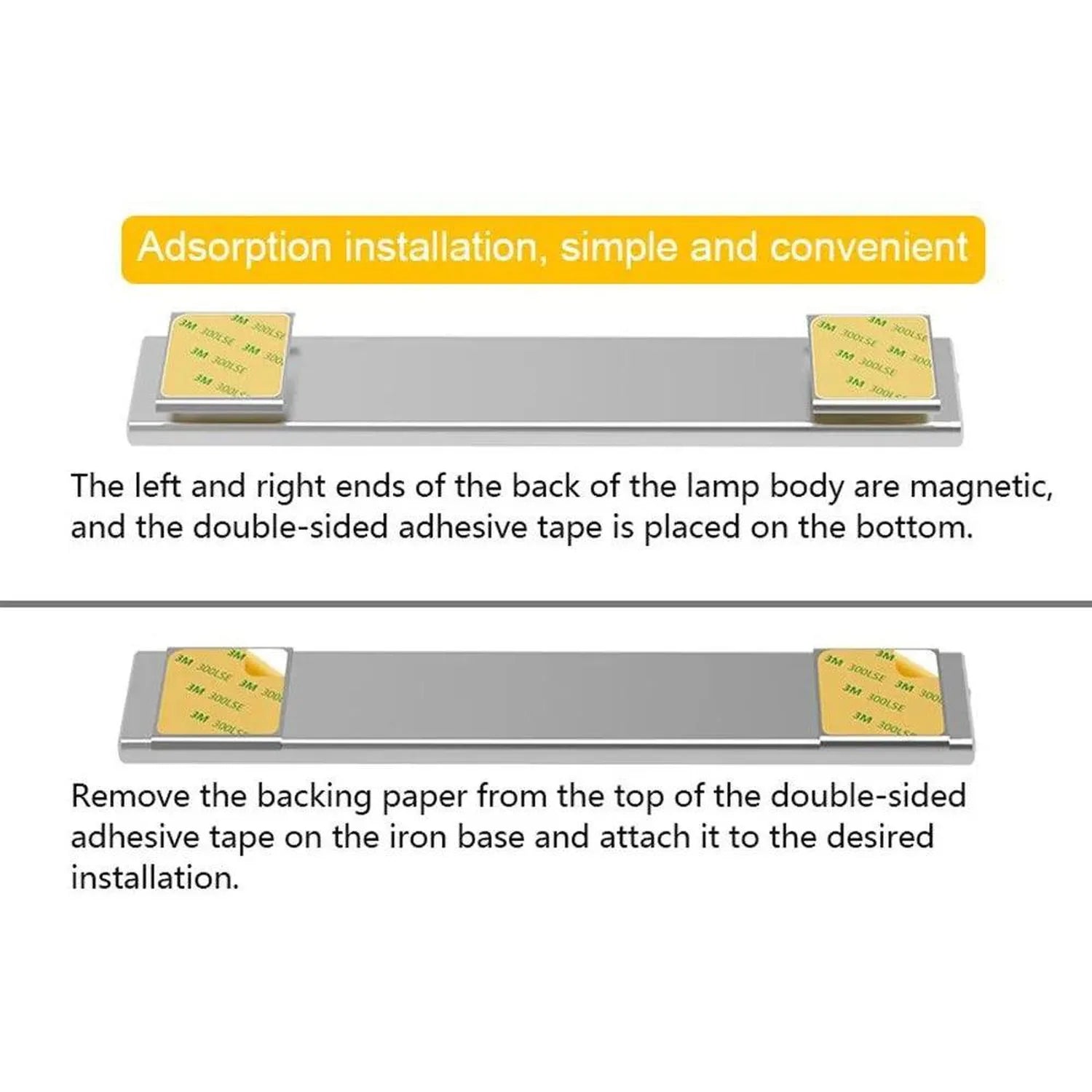 Installation diagram showing adhesive tape placement on magnetic lamp base for under-cabinet mounting.