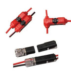 Red and black LED strip connectors and splice components displayed on white background.