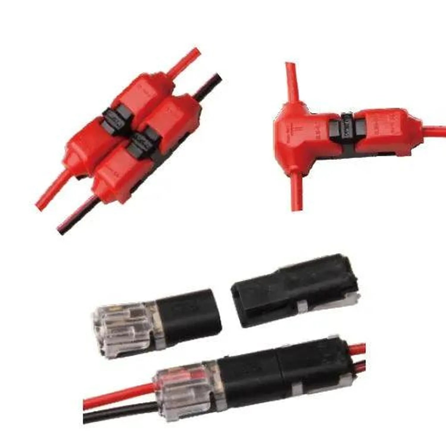 Red and black LED strip connectors and splice components displayed on white background.
