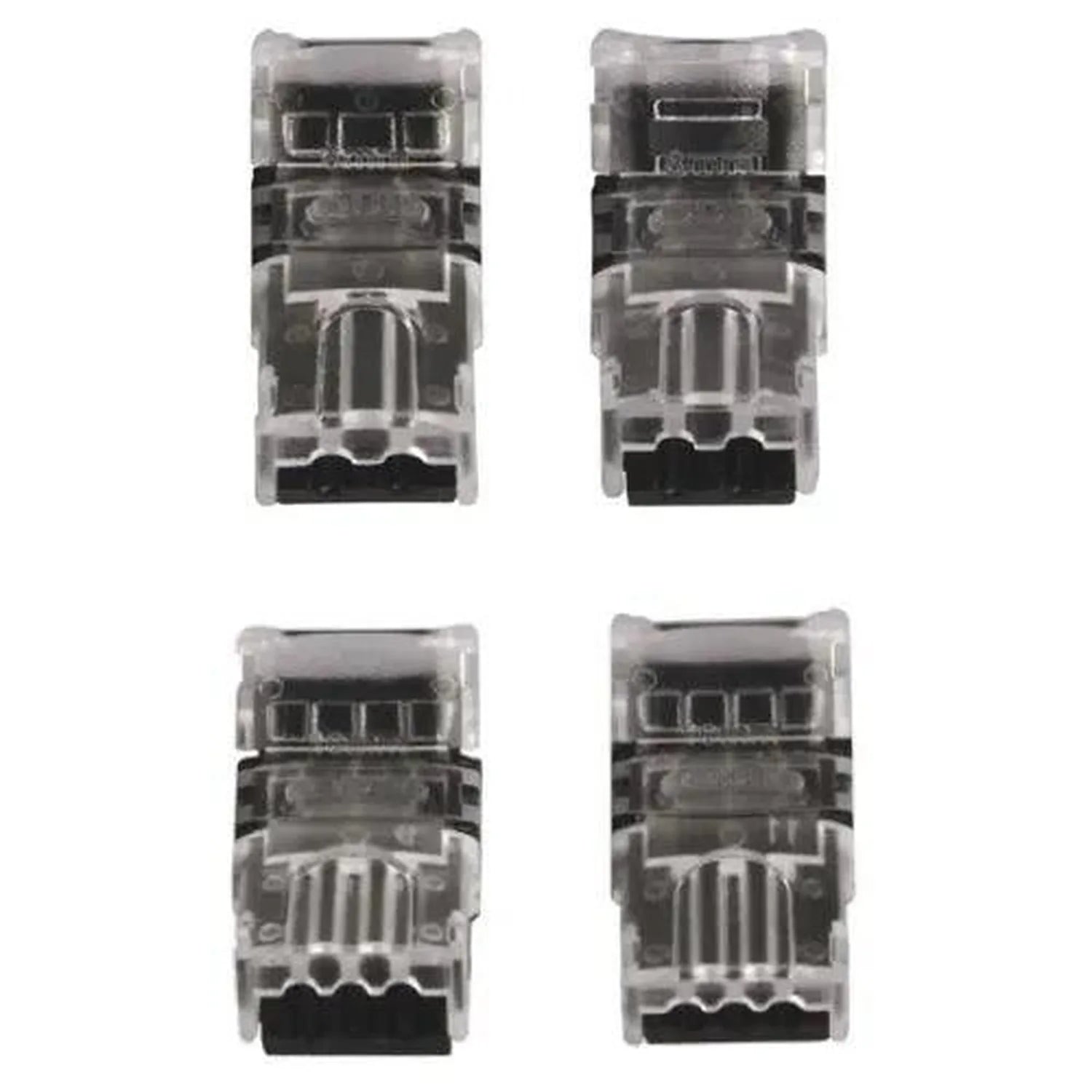 Four transparent LED strip light connectors shown from top and bottom views, displaying internal contact mechanisms and clip 