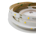 Rolled LED light strips with yellow SMD chips on white backing, labeled +DC24V and RoHS compliant, tan adhesive side visible.