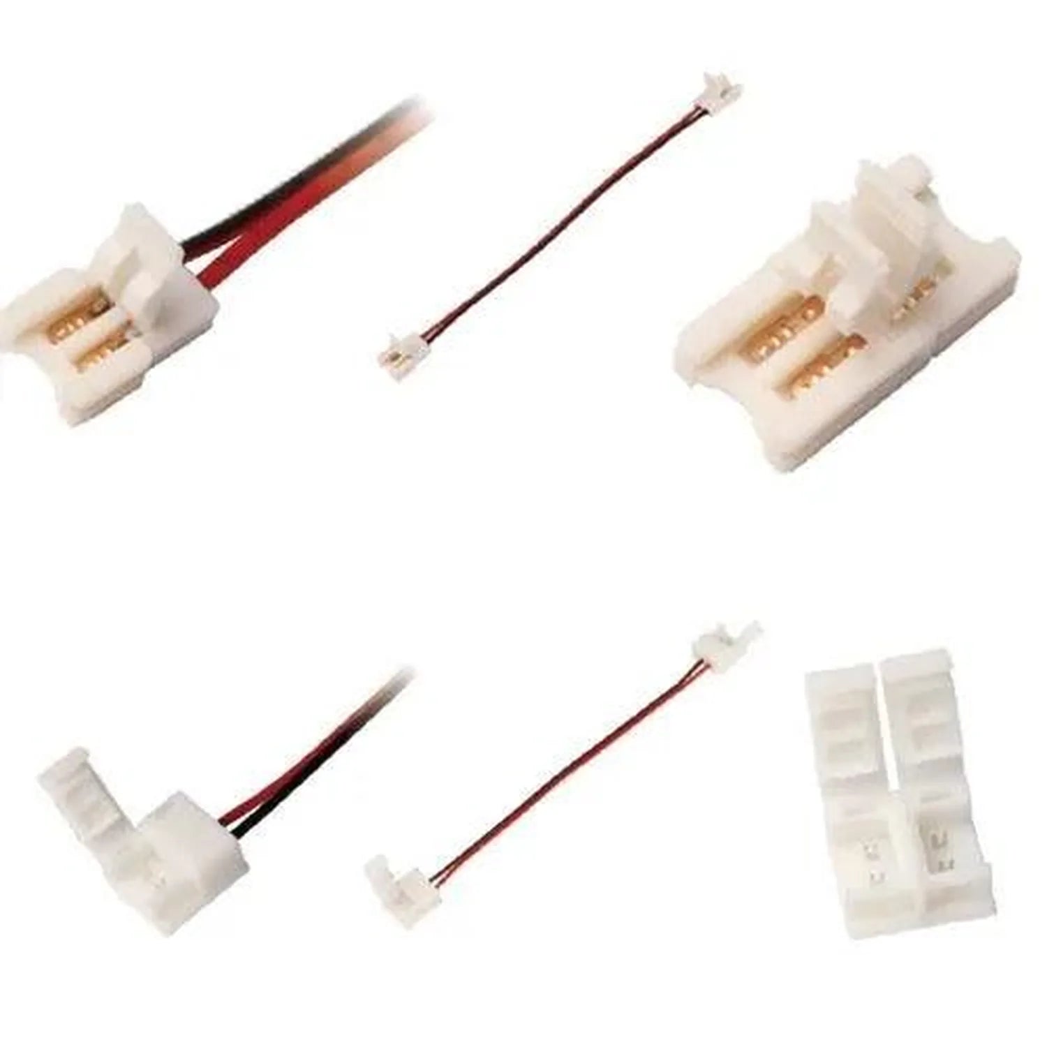 Six LED strip light connectors and adapters displayed: end connectors with wires, joining clips, L-shaped corner connectors, 
