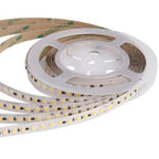Coiled LED strip light with white backing and warm white LEDs mounted on reel, showing adhesive backing and connector termina